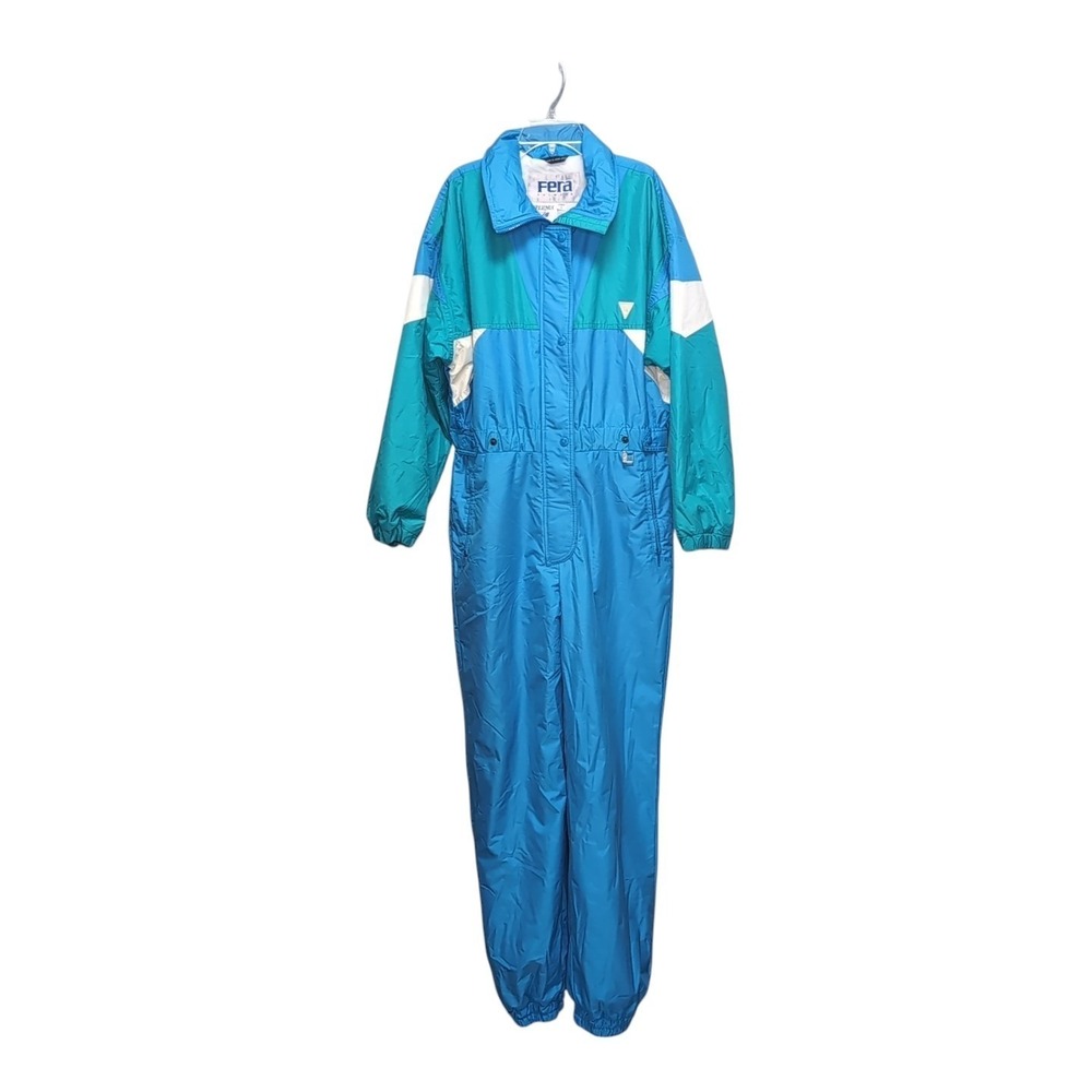 VTG Fera One Piece Ski Suit Womens 12 Blue Teal Colorblock 80s 90s Retro Snow